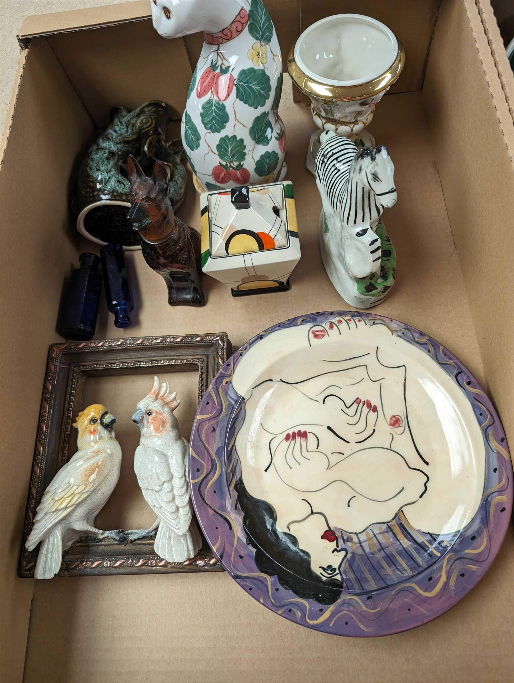 Collection of vintage ceramics, including cat figures, Staffordshire style figures, bookends etc