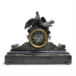 French-late 19th century 8-day mantle clock in a Belgium slate and variegated marble case,...