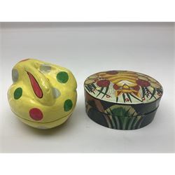 Eight lacquered boxes, including novelty painted boxes in the form of cats, rabbit and a bird, rabbit H7cm, L9cm