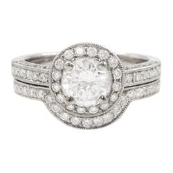 Platinum single stone round brilliant cut diamond ring, with pave set diamond surround, gallery and shoulders, principal diamond approx 0.90 carat, with platinum diamond set band, both hallmarked