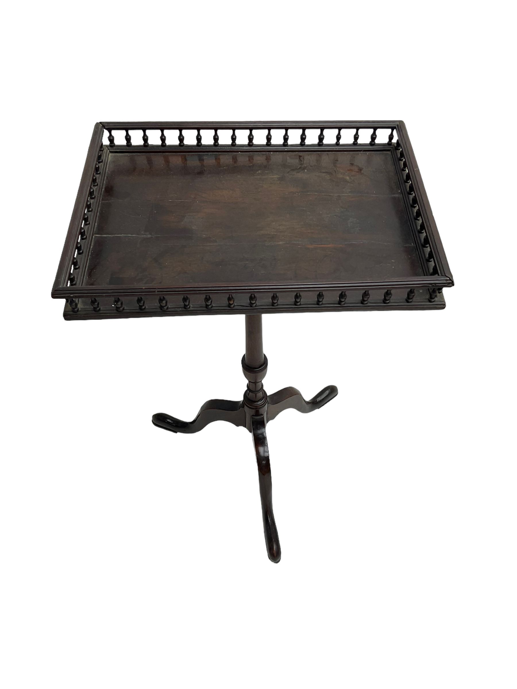 George III mahogany tripod table, rectangular galleried top on turned stem, three splayed supports