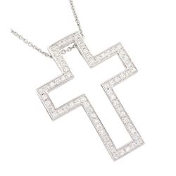 18ct white gold two piece princess cut sapphire and round brilliant cut diamond cross pendant, hallmarked, total sapphire weight approx 1.75 carat, total diamond weight approx 0.50 carat, on silver chain