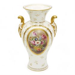 Early 20th century Royal Worcester porcelain twin handled vase, circa 1910, painted with a...