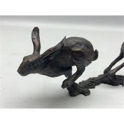 Michael Simpson: bronze Small Hares Running, modelled as three hares, limited edition 29/350, with certificate, H11cm 