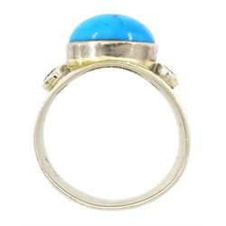 15ct gold three stone oval turquoise and round brilliant cut diamond ring, total diamond weight approx 0.20 carat