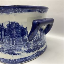 Victorian style, blue and white transfer printed footbath, decorated with town scene and with twin carry handles, L48cm