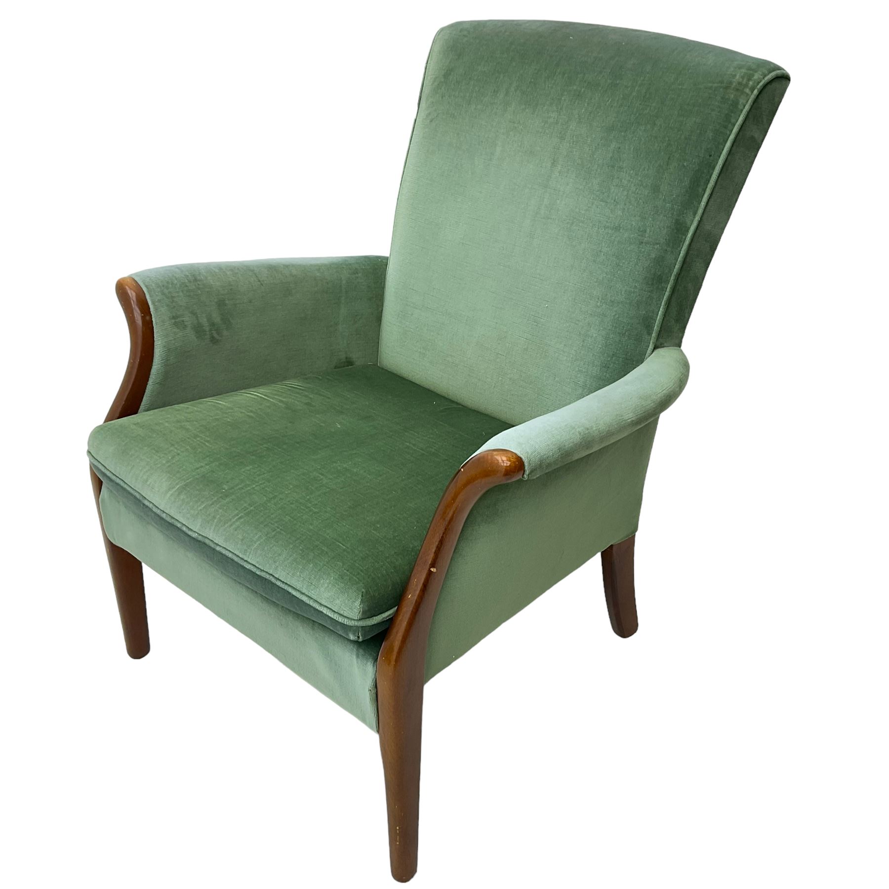 Parker Knoll - mid 20th century green velvet upholstered armchair, high back and cushioned seat, curved wooden armrests, on tapered supports