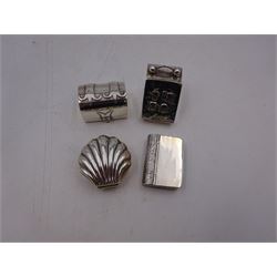 Four novelty miniature silver boxes, comprising coal scuttle, shell, trunk and bible, all hallmarked, tallest H3.5cm