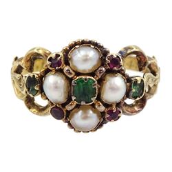 Victorian 15ct gold split pearl, green and red stone set flower head cluster ring, the underside with plaited hairwork, openwork design shoulders and engraved foliate band, the inner band inscribed W.H. To J.B. 1848