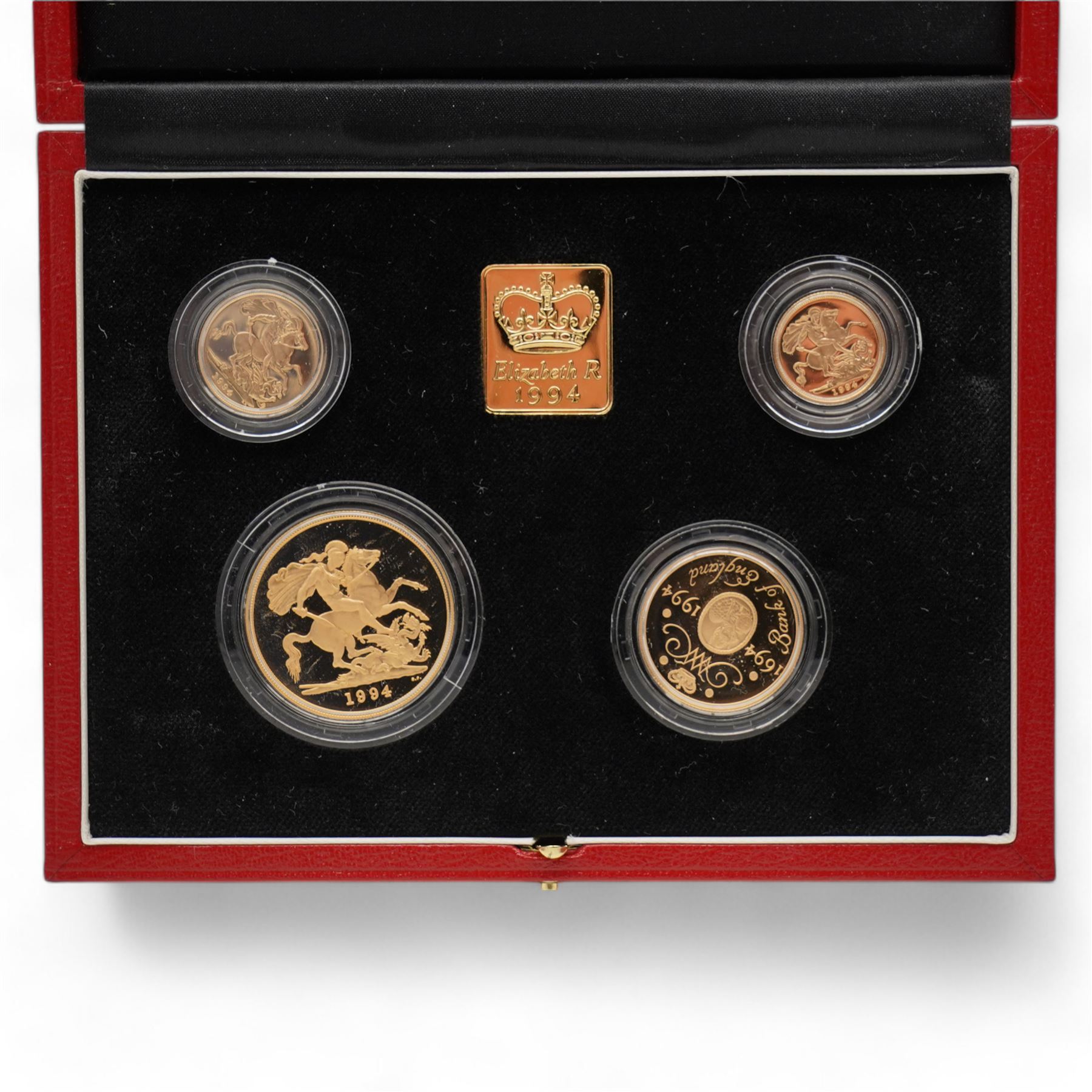 Queen Elizabeth II 1994 gold proof sovereign four coin collection, comprising half sovereign, sovereign, double sovereign and five pounds, cased with certificate