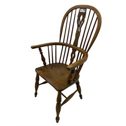 19th century elm and ash Windsor armchair, double hoop and stick back with shaped and pierced splat, on turned supports united by swell-turned H-stretchers (W60cm, H108cm); 19th century elm and yew wood Windsor chair (W57cm) (2)