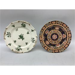 Group of 19th century plates, to include a Rockingham example with green transfer printed decoration of rose, thistle and clover springs, three Mason's examples including one decorated in the Imari palette, etc. 