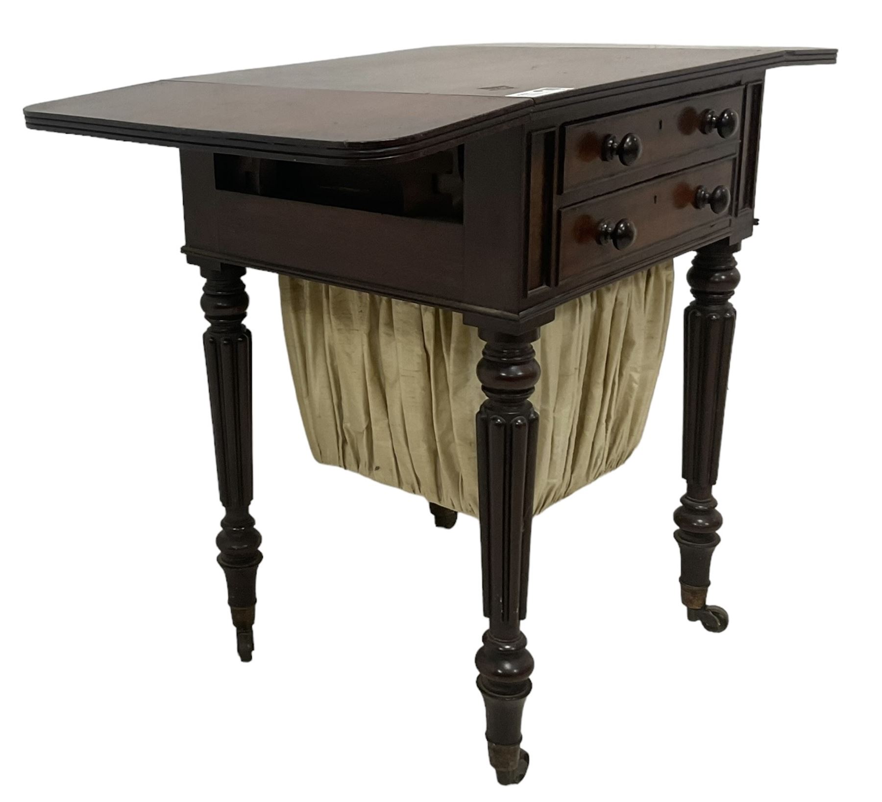 19th century mahogany drop-leaf work table, rectangular top with rounded corners, fitted with two cock-beaded drawers over pleated silk storage well, with matching opposing faux drawers, on turned and lobe moulded supports on castors