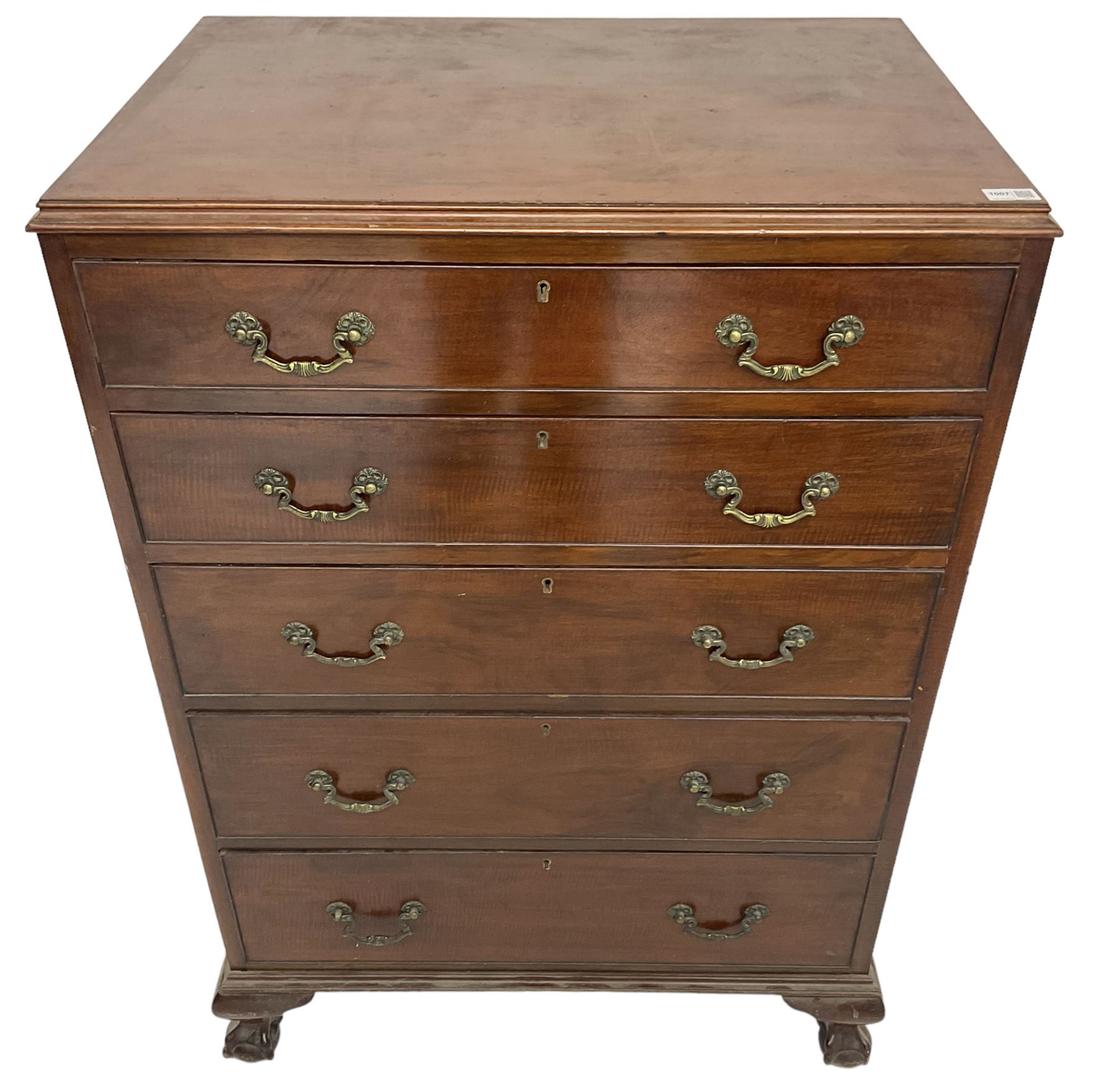 Early 20th century Georgian design chest, fitted with five graduating cock-beaded drawers, lower moulded edge over ogee supports with ball and claw feet