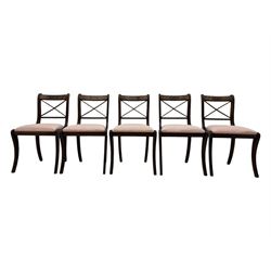 Set of ten (8+2) Regency design mahogany and brass inlaid dining chairs, bar cresting rail over x-framed back, upholstered drop-in seats, moulded frame and sabre supports 