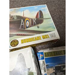 Three model kits, including Airfix Hawker Hurricane MK1 1:24 scale, Italeri Anti Tank Dodge 1:35 scale and Monogram Visible B-17 1:48 scale, all boxed 