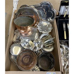 Metalware, mostly silver plate, to include entree dish and cover, bottle coasters, pedestal dishes, large quantity of cased and uncased flatware, small copper twin handled pan, etc., in two boxes