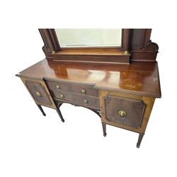 19th century mahogany sideboard, raised mirror back with carved fretwork and two fluted columns, above two cupboards and two drawers with lion mask handles