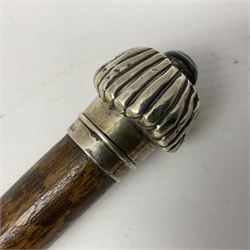 Victorian walking stick, the fluted silver pommel set with banded agate, hallmarked London 1892, maker's mark indistinct, L84cm
