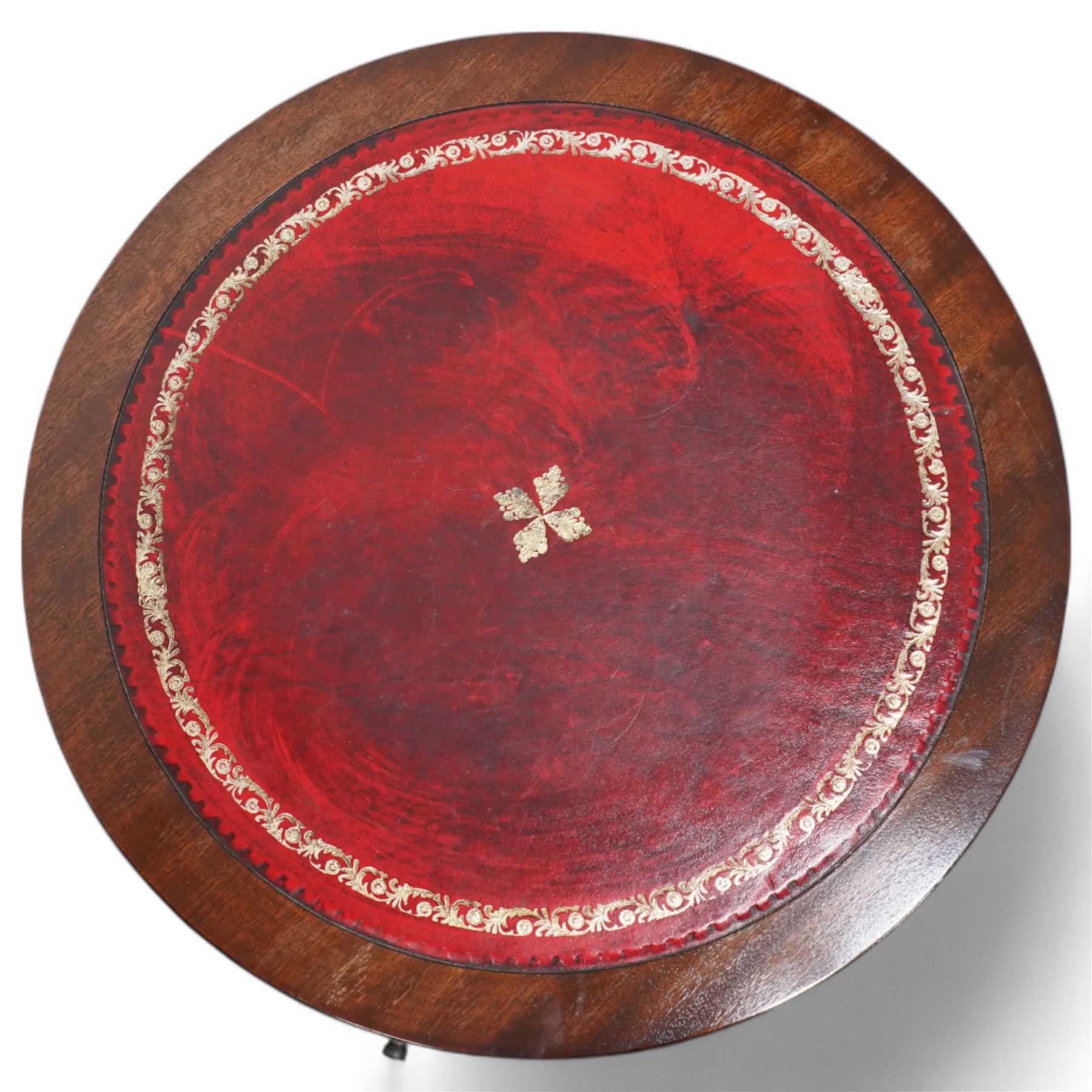 Georgian design mahogany drum table, circular red leather inset top, turned pedestal on splayed supports