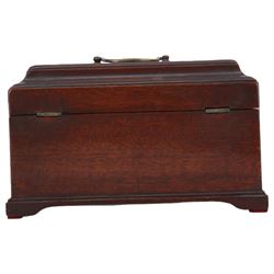 Georgian mahogany tea caddy, of rectangular form with brass shaped escutcheon and key, the hinged cover with canted sides and brass drop handle, the whole upon four bracket feet, not including handle H13.5cm W24cm D13.5cm