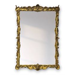 Large gilt framed rectangular wall mirror, shaped and moulded frame decorated with trailing curled acanthus leaves and flower head motifs, bevelled glass plate 