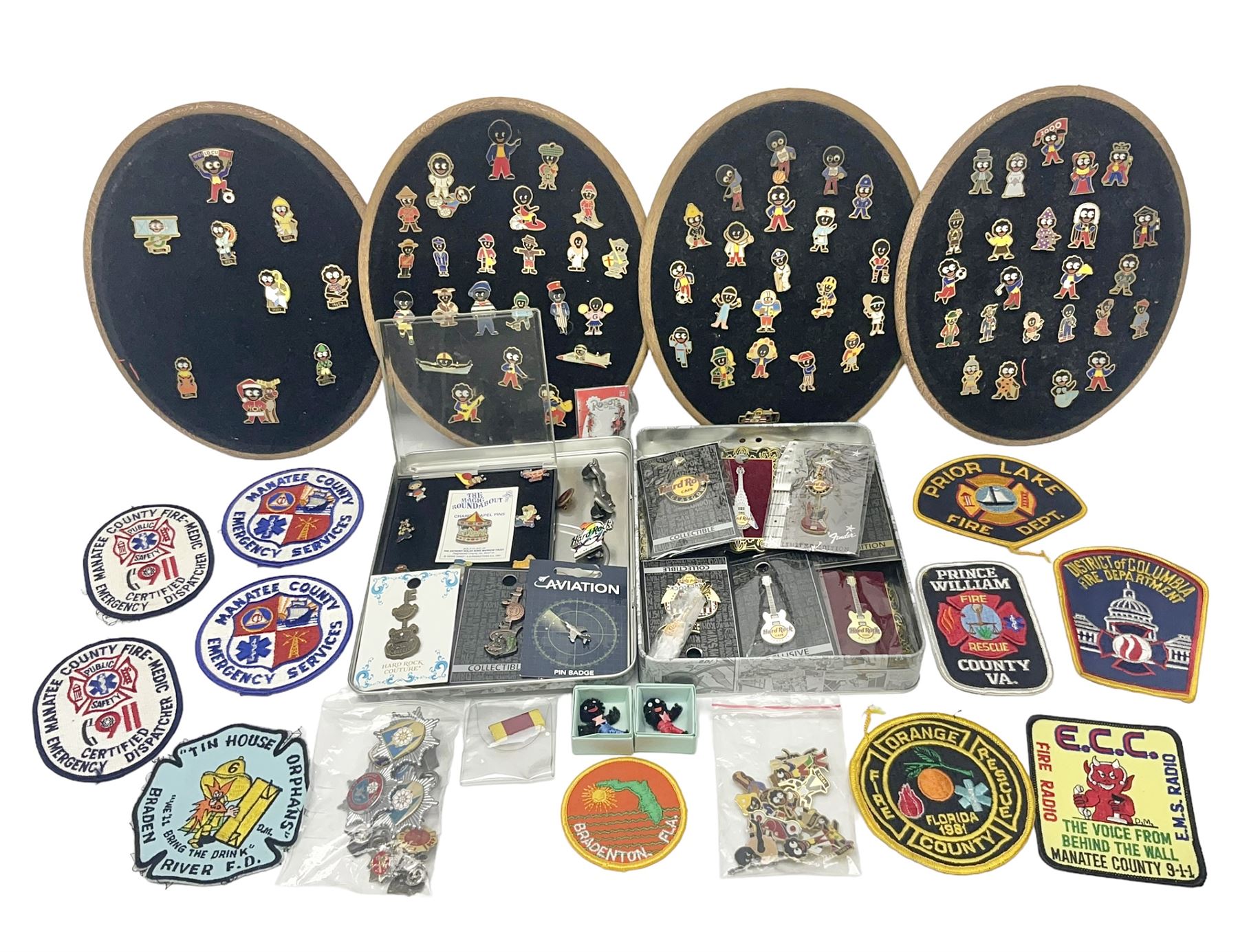 Quantity of pin badges and sew on patches to include Robertson’s Golly, featuring pre-WW2 examples, The Magic Roundabout, Hard Rock Cafe etc 