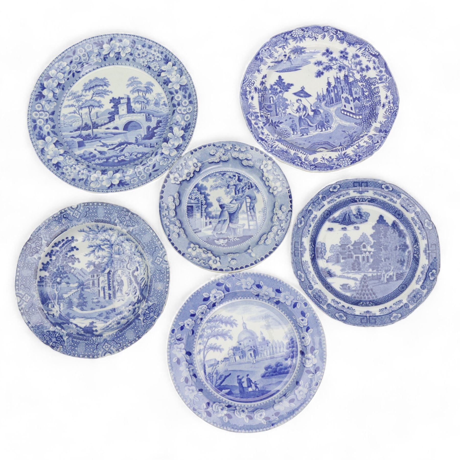 Early 19th century blue and white transfer printed plates including J & R Clews 'Wingfield Castle Suffolk', Copeland & Garrett New Blanche, Brameld 'Apple Collectors, 'Queen of Sheba', Spode 'Sarcophagi & Sepulchres', 'Ponte Rotto' and others (15)