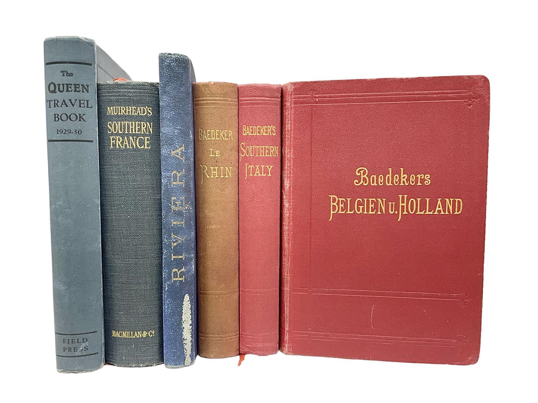 Collection of travel books, including Baedekers Belgien und Holland, Muirhead's Southern France, The Queen Travel Book 1929-30 