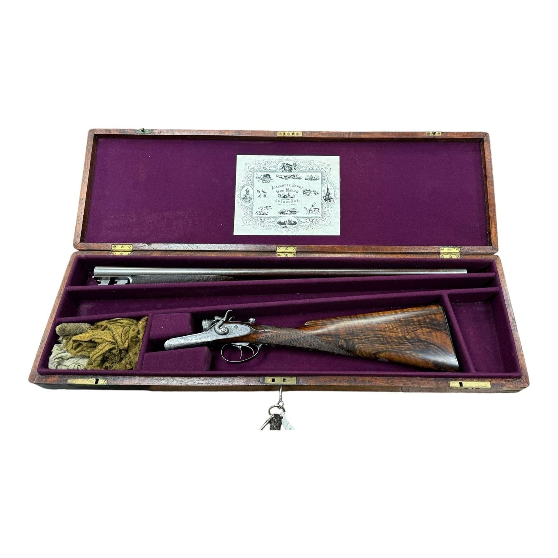 SHOTGUN CERTIFICATE REQUIRED - Alexander Henry 20 bore, percussion side by side double damascus barrel shotgun, with 69cm (27