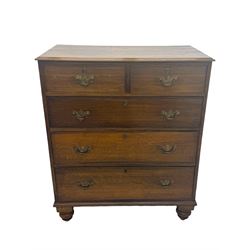 George III oak chest, rectangular top with moulded edge over two short and three long graduated drawers, each with brass escutcheons and shaped backplate handles, on turned bun supports 