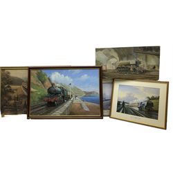 English School (20th century): Train Portrait, two oils on board signed together with three other prints of Railway interest max 50cm x 75cm (5)