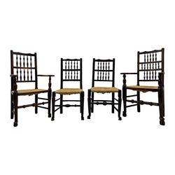 Matched set of twelve 19th century elm Lancashire spindleback dining chairs, shaped cresting rail over spindle back, rush seat, on turned supports united by turned stretchers, ring and globular turned front stretcher 