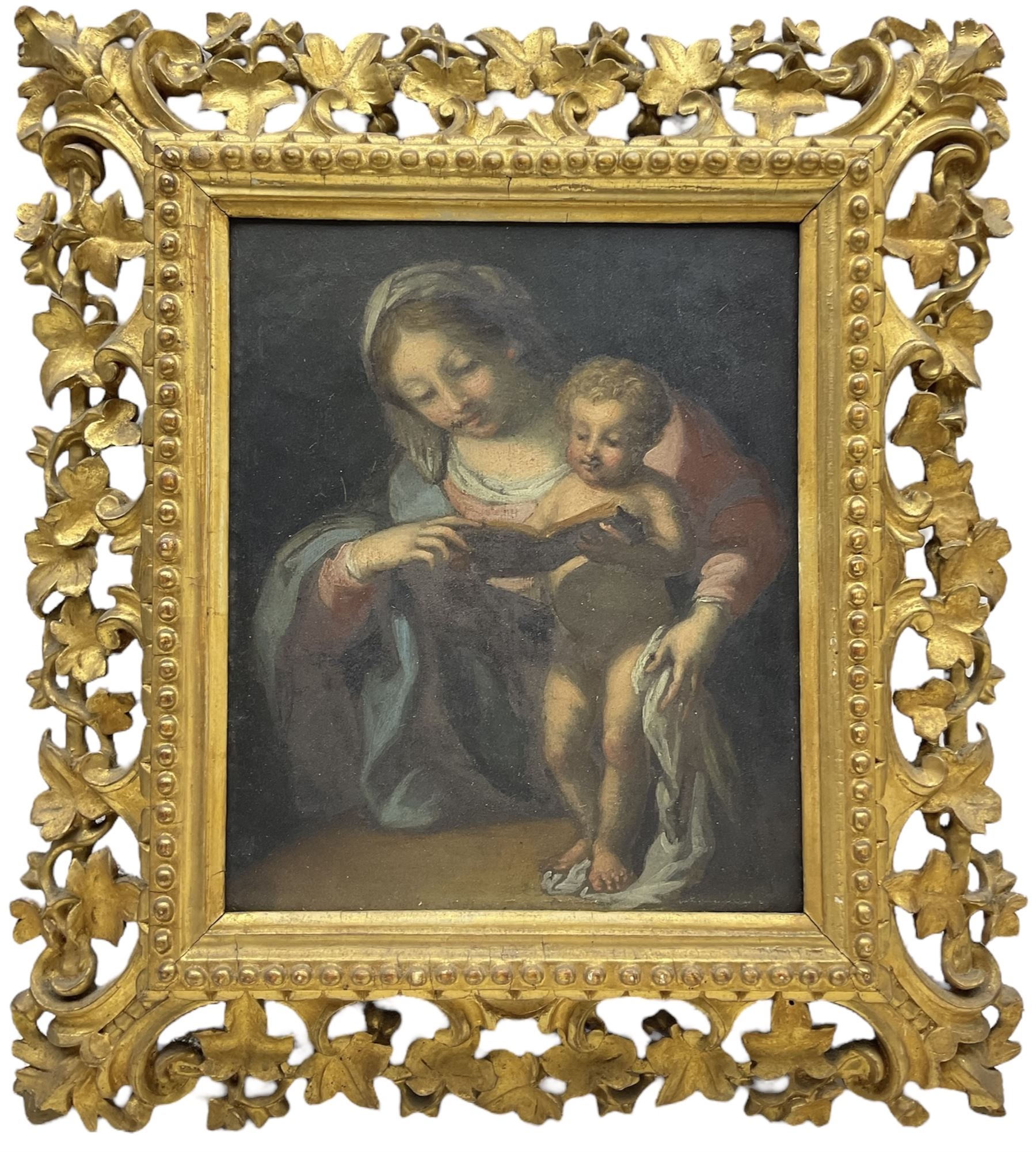 Italian School (18th/19th century): Madonna and Child Reading, oil on copper unsigned 22cm x 18.5cm in fine Florentine carved giltwood frame