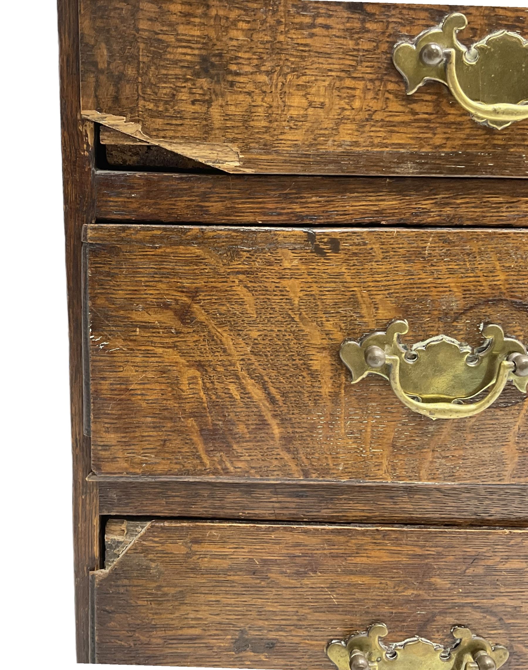 George III oak chest, moulded rectangular top over two short and three long graduating drawers, raised on bracket feet