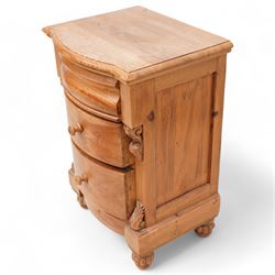 Keenpine - Victorian design bow-front pine bedside chest, cushion drawer over two graduating drawers flanked by scrolling acanthus uprights, on lobed feet