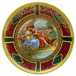 Royal Vienna style cabinet plate, transfer printed with a scene of two ladies and a cherub...