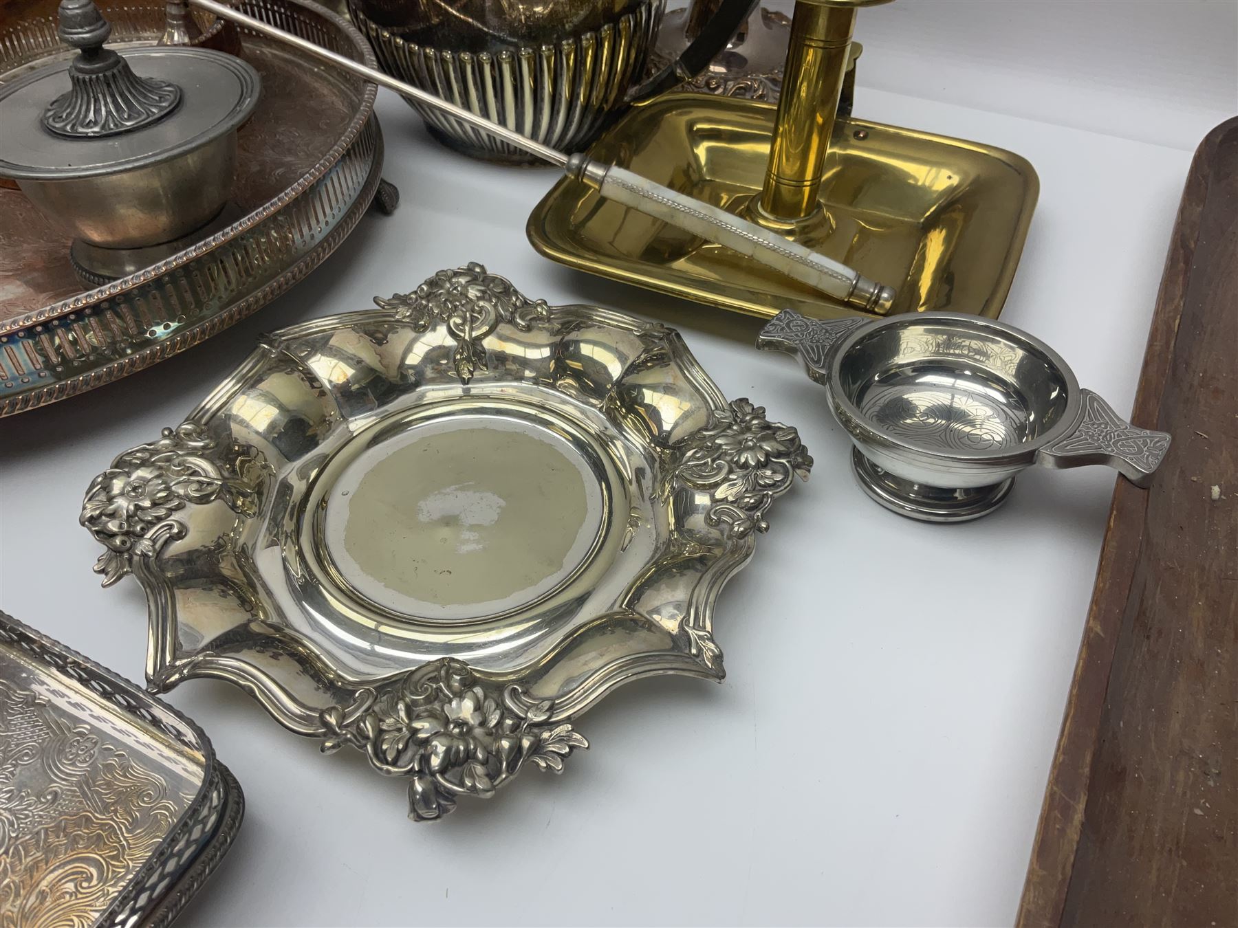 Collection of silver plate, to include pedestal dish, candle sticks, tea service etc  