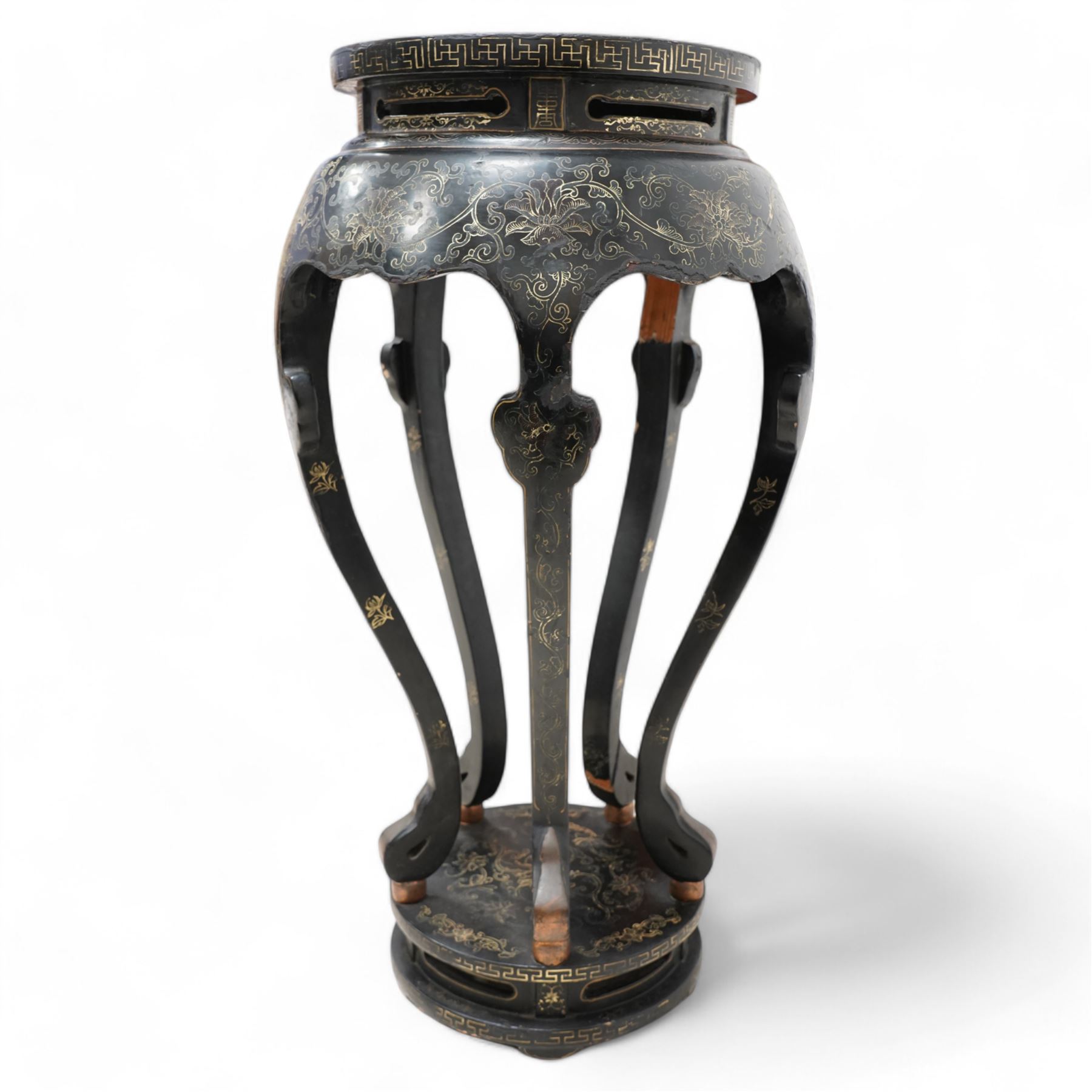 Chinese design black lacquered jardinière stand, circular bulbous form, the top decorated with traditional Chinese pagoda scene with fisherman, five shaped supports on circular base, scrolling decoration 