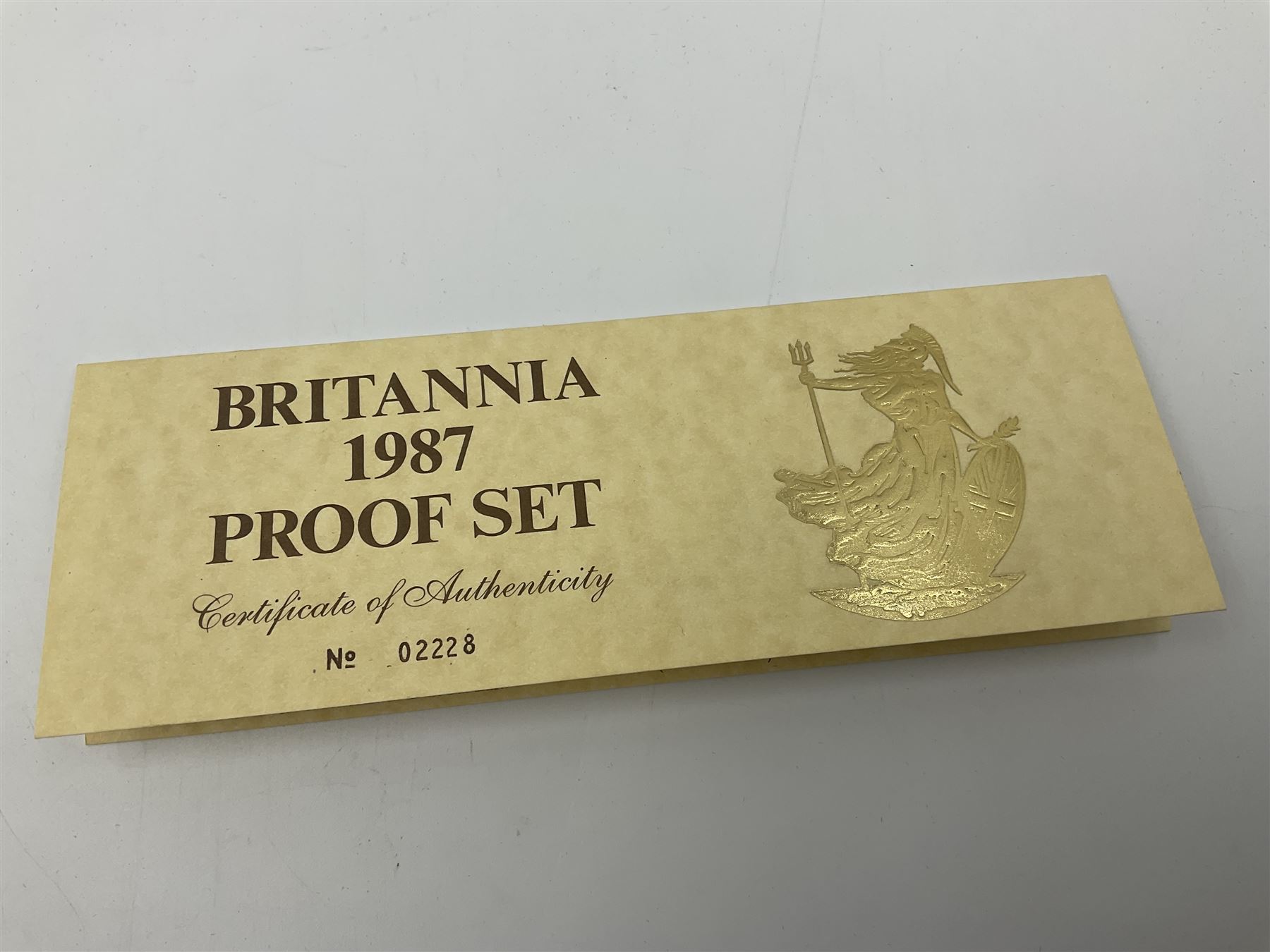 The Royal Mint United Kingdom 1987 Britannia gold proof coin set, comprising one ounce, half ounce, quarter ounce and one tenth of an ounce fine gold coins, cased with certificate