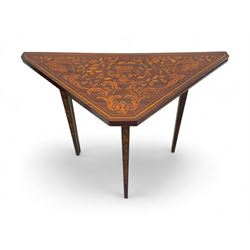 19th century mahogany and Dutch marquetry envelope card table, triangular fold-over top in...