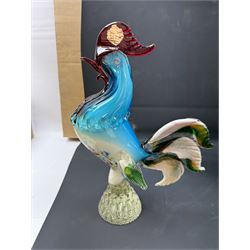 Two Murano glass clowns, together with similar glass figures, including cockerels and fish