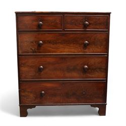 19th century mahogany chest, rectangular moulded top, fitted with two short over three long graduating cock-beaded drawers, on bracket feet