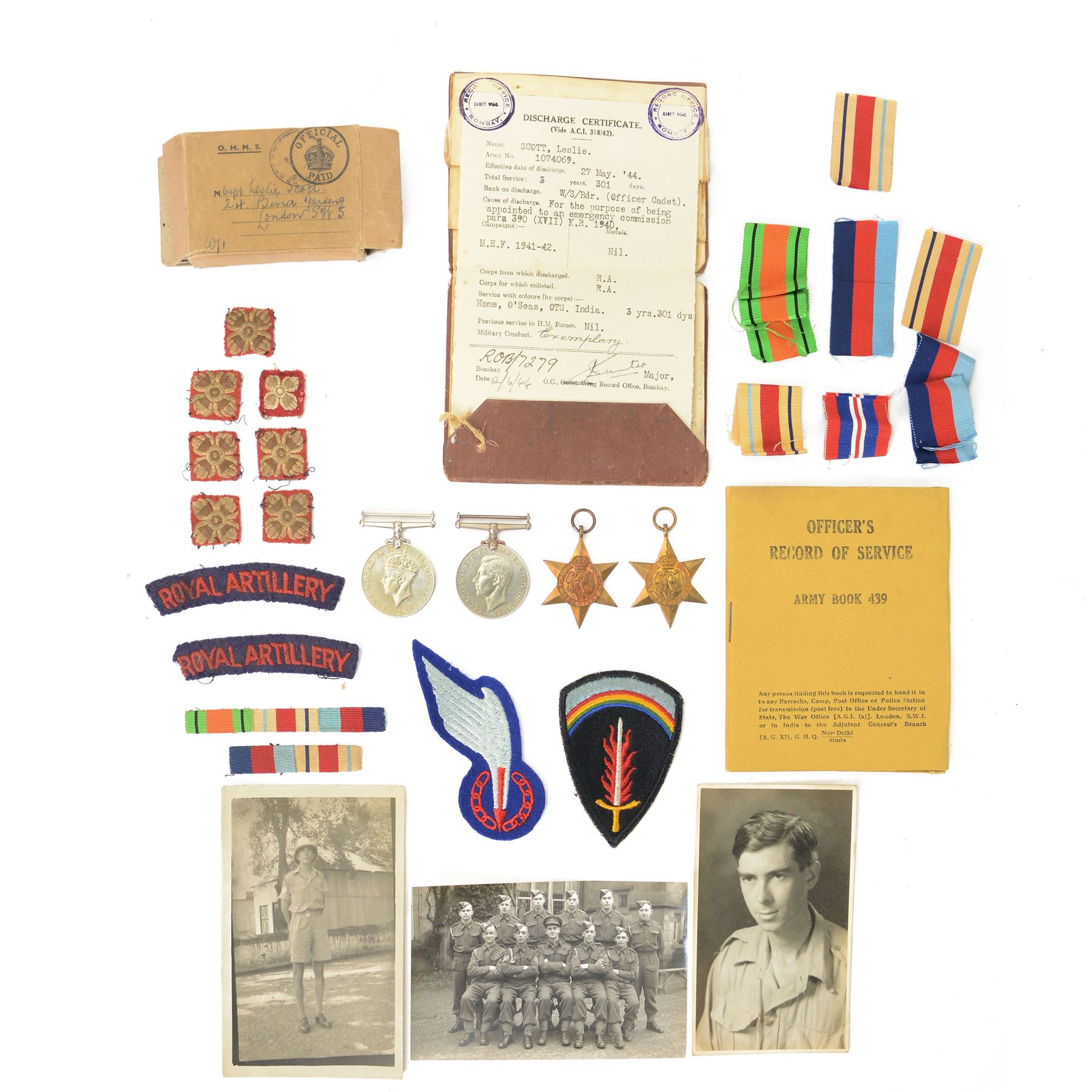 WWII Special Allied Airborne Reconnaissance Force (SAARF) Parachute Jump Wing, extremely rare example of the embroidered jump wing, belonging to Leslie Scott, together with his WWII medals comprising 1939-45 War Medal, Defence Medal, 1939-45 Star and African Star, Soldier's Service book, and discharge papers from Officer Cadet, the cause of Discharge 'for the purpose of being appointed to an emergency commission para 390 (XVII) K.R. 1940', along with photographs, and other ephemera

The SAARF was set up by the Supreme Headquarters Allied Expeditionary Force (SHAEF) in February 1945. The SAARF was made up of 120 French, 96 British, 30 Belgian and 18 Polish personnel, The unit was only involved in one Airborne drop before the unit was disbanded on 1st July 1945