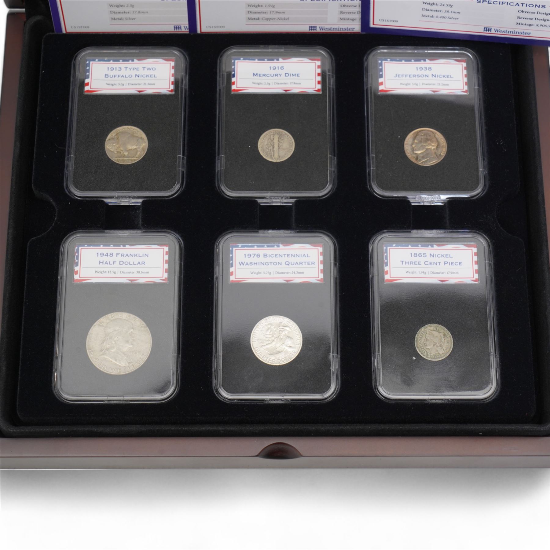 Two United States of America one ounce fine silver inaugural strike one dollar coins dated 2018, 2019 and a Westminster set 'American Firsts Collection' comprising six coins