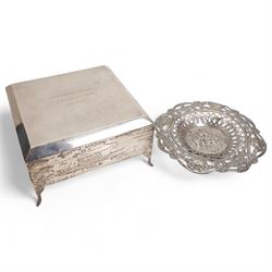 Square silver cigarette box, the hinged lid inscribed 'Souvenir of Launch S.S 'British Tommy' June 1921'  on shaped supports 13cm square and a continental circular shallow dish  