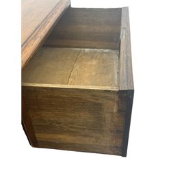 George III oak chest, rectangular top with moulded edge over two short and three long graduated drawers, each with brass escutcheons and shaped backplate handles, on turned bun supports 