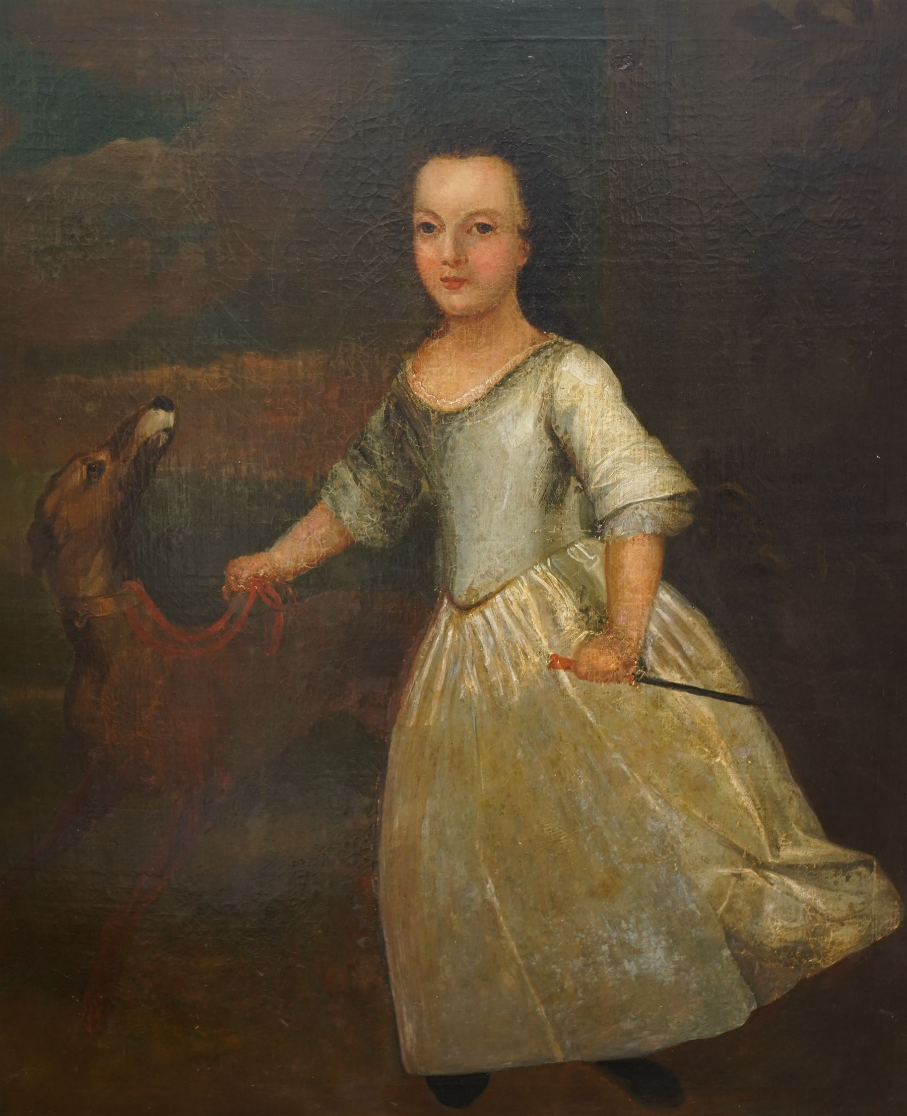 English Primitive School (Early to Mid-18th century): Full Length Portrait of a Girl Wearing a Blue Silk Gown with her Greyhound Holding a Dagger, oil on canvas unsigned, labelled verso 116cm x 96cm