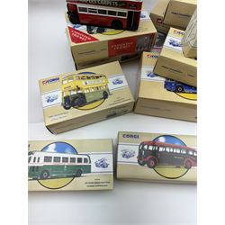 Fifteen limited edition Corgi Classic Public Transport vehicles, together with a 10th Anniversary Corgi Collector Club Scammell Scarab, Routemasters in Exile The North four bus collection and a Classic Commercials Bedford OB Edinburgh, all boxed with certificates (18)