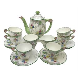 Art Deco Delphine China coffee service for six, comprising coffee pot, open sucrier, milk jug, cups and saucer, with floral decoration